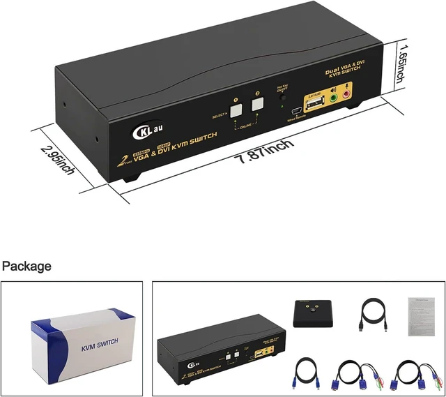 Alt view image 7 of 7 - CKLau 2 Port Dual Monitor KVM DVI + VGA Extended Display with Audio, Microphone, USB 2.0 Hub and Cables