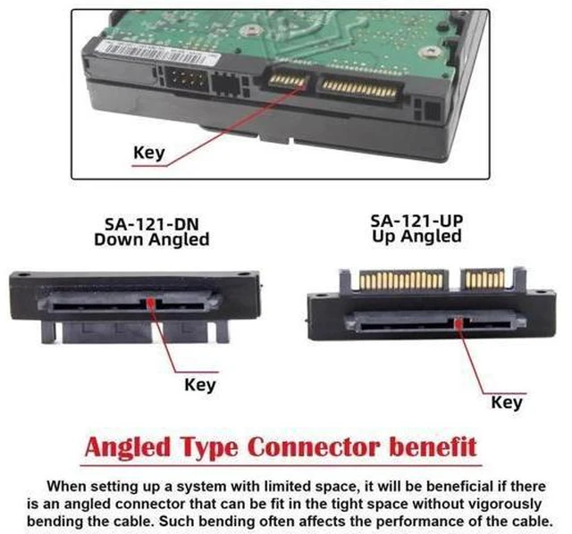Alt view image 7 of 7 - 90 Degree Down Angled SATA 22Pin Male to Female Extension Adapter, 7+15 SATA Right Angle Connector