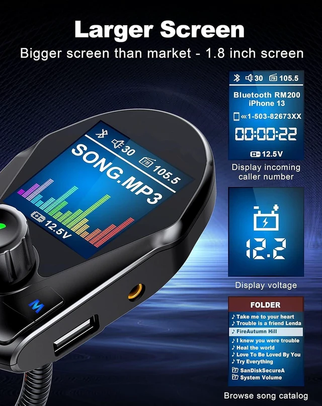 Alt view image 6 of 7 - Bluetooth FM Transmitter (Upgraded) Car Wireless Radio Adapter Kit W 1.8 Color Display Hands-Free Calling Fast Charging 18W and Smart 2.4A Dual USB Ports, TF Card MP3 Player