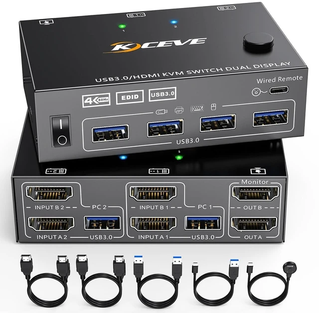 Main image of HDMI KVM Switch 2 Monitors 2 Computers 4K@60Hz, Simulation EDID, Dual Monitor KVM Switch 2 Port for 2 Computers Share 2 Monitors and 4 USB3.0 Devices, 2 HDMI USB Cables and Wired Controller Included