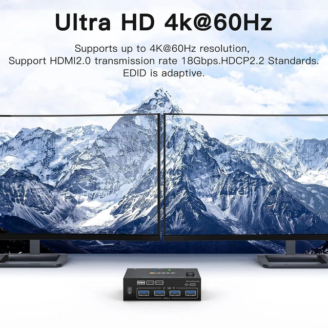 Alt view image 3 of 5 - HDMI KVM Switch 2 Monitors 2 Computers 4K@60Hz, Simulation EDID, Dual Monitor KVM Switch 2 Port for 2 Computers Share 2 Monitors and 4 USB3.0 Devices, 2 HDMI USB Cables and Wired Controller Included