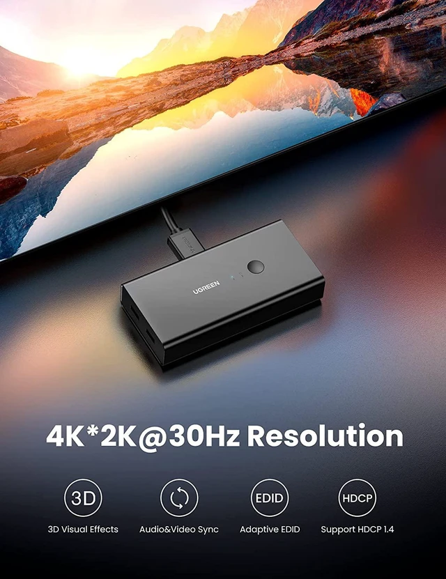 Alt view image 3 of 7 - UGREEN KVM Switch, HDMI and USB Switcher 2 in 1 Out Switches for 2 Computers Share Keyboard Mouse Printer and 1 Monitor, Support Full HD 4K@30Hz with One Button Switch, 2 USB Cable and 2 HDMI Cable