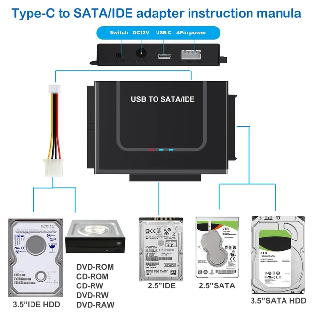 Alt view image 4 of 5 - USB 3.0 to IDE SATA Adapter, USB Type C Hard Drive Reader External HDD Converter for 2.5/3.5 inches IDE SATA HDD SSD, 12V/2A Power Adapter Included