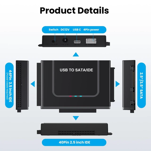 Alt view image 5 of 5 - USB 3.0 to IDE SATA Adapter, USB Type C Hard Drive Reader External HDD Converter for 2.5/3.5 inches IDE SATA HDD SSD, 12V/2A Power Adapter Included
