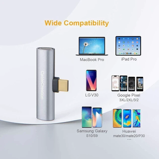 Alt view image 7 of 7 - USB Type C Splitter, CableCreation 2-in-1 USB C Audio and PD 60W Fast Charging, Compatible with New iPad Pro, MacBook Air, Galaxy Note 10, S9, S10, S20, S21 Ultra, Pixel 2 3 XL, Aluminum Gray