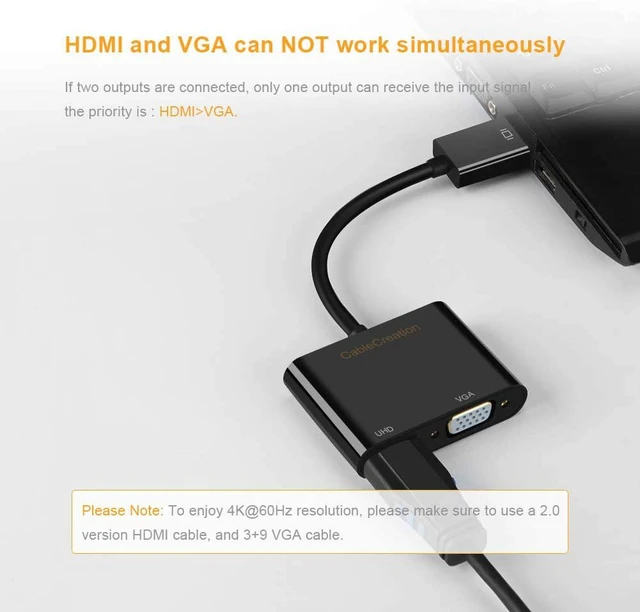 Alt view image 4 of 7 - Active DisplayPort to HDMI VGA Adapter, CableCreation 2 in 1 DP Hub DP to HDMI VGA Converter, HDMI 2.0 Support UHD 4K@60Hz Video/ Audio, Black