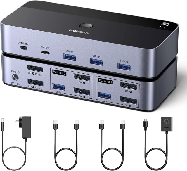 Main image of UGREEN 8K@60Hz Displayport KVM Switch 2 Monitors 2 Computers, Aluminum with 4 USB 3.0 Ports for 2 Computers Share Dual Monitors Keyboard Mouse Printer with 2 USB Cables/Power Adapter/Controller