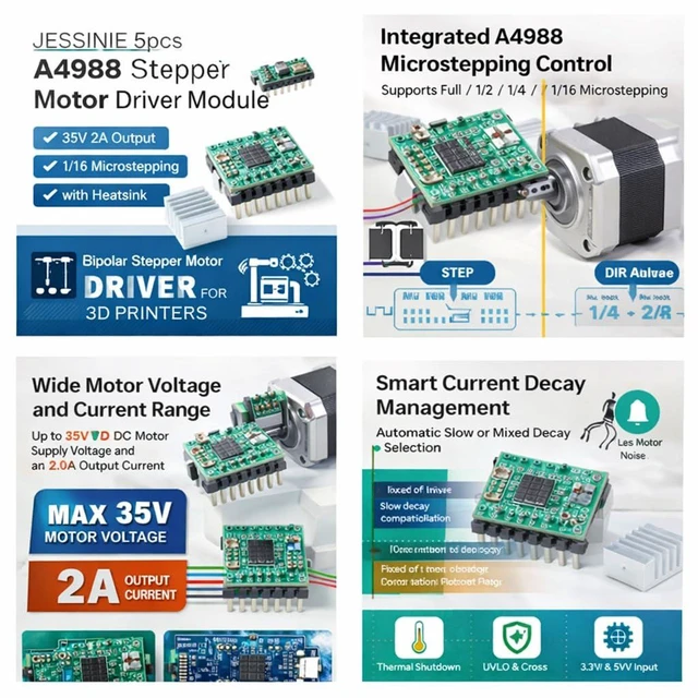 Alt view image 4 of 6 - 5pcs A4988 Stepper Motor Driver Module, 35 V 2 A Output, 1/16 Microstepping, with Heatsink