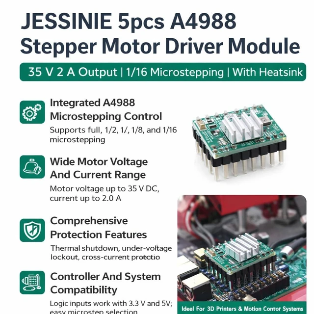 Alt view image 6 of 6 - 5pcs A4988 Stepper Motor Driver Module, 35 V 2 A Output, 1/16 Microstepping, with Heatsink