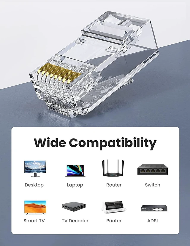 Alt view image 6 of 7 - UGREEN RJ45 Connector Cat6 100 Pack Cat6 Cat5e RJ45 Pass Through Plug Ends Ethernet Cable Crimp Network LAN Connector Crystal
