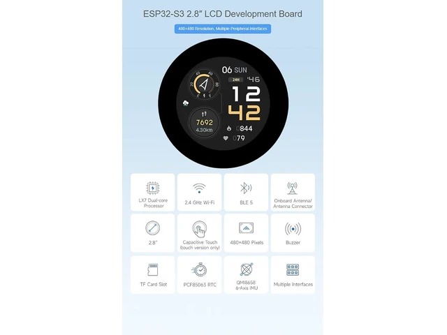 Alt view image 2 of 7 - ESP32-S3 2.8inch Round Display Development Board,480×480 Resolution 2.8I2C LCD RGB Display Supports GPIO, UART and I2C Interfaces,Supports WiFi & Bluetooth