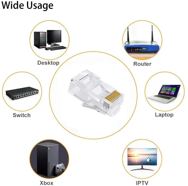 Alt view image 9 of 14 - RJ45 Connectors Crimp Ends 8P8C UTP Network Plug for CAT5E CAT5 CAT6 Stranded Cable Solid Crystal Head, CAT6 / CAT5e RJ45 Connector, Ethernet Cable Crimp Connectors (50/Pack)
