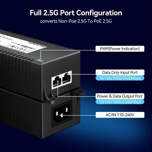 Alt view image 3 of 5 - 2.5G PoE++ Injector 60W | Convert Non-PoE to PoE Adapter 10/100/1000/2500Mbps | 802.3af/at Compliant | Plug & Play | 100m (328ft) Range (2.5G 60W)