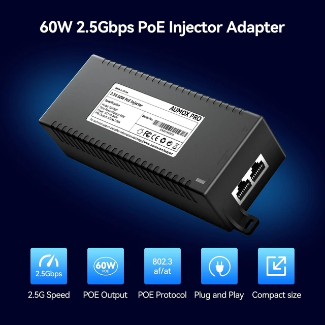 Alt view image 2 of 5 - 2.5G PoE++ Injector 60W | Convert Non-PoE to PoE Adapter 10/100/1000/2500Mbps | 802.3af/at Compliant | Plug & Play | 100m (328ft) Range (2.5G 60W)