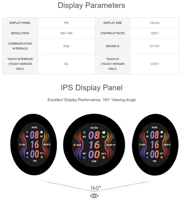 Alt view image 3 of 7 - ESP32-S3 2.8inch Round Display Development Board,480×480 Resolution 2.8I2C LCD RGB Display Supports GPIO, UART and I2C Interfaces,Supports WiFi & Bluetooth