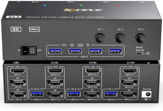 Main image of KVM Switch 3 Monitors 3 Computers 8K@60Hz, MLEEDA HDMI + 2* Displayport Triple Monitor KVM Switch,3 Monitor KVM with 4 USB 3.0 Ports for Keyboard Mouse Printer, Wired Remote and Power Adapter Included