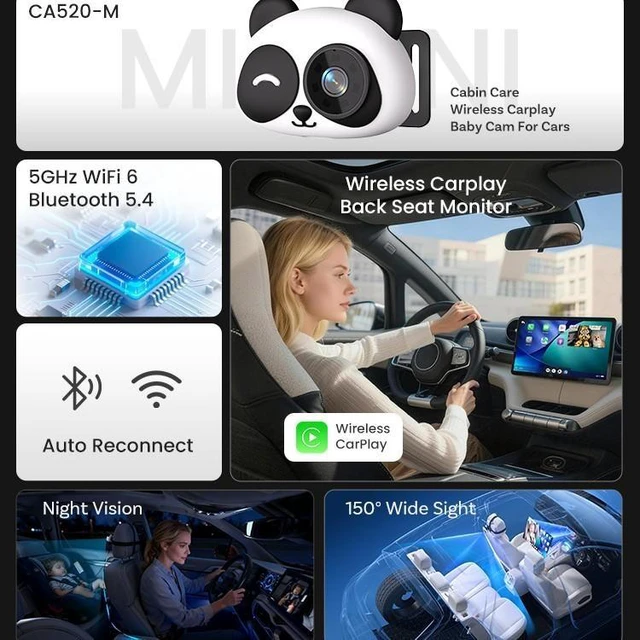 Alt view image 2 of 5 - Wireless CarPlay Portable Wireless Car Baby Care CarPlay Adapter, Car Camera Rear Seat Baby Monitor, Plug and Play In-Car Infant Monitoring Display for Back Seat Compatible