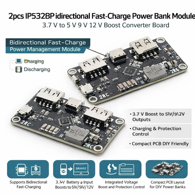 Alt view image 3 of 6 - 2pcs IP5328P Bidirectional FastCharge Power Bank Module, 3.7 V to 5 V 9 V 12 V Boost Converter Board