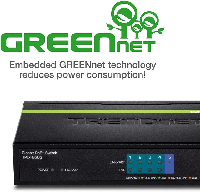 Alt view image 3 of 5 - TRENDnet 5-Port Gigabit PoE+ Switch, 31 W PoE Budget, 10 Gbps Switching Capacity, Plug & Play, Ethernet Network Switch, Data & Power through Ethernet to PoE Access Points and IP Cameras, Full & Half D