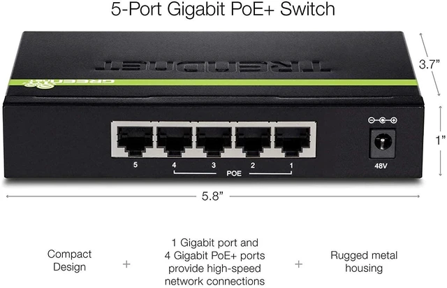 Alt view image 5 of 5 - TRENDnet 5-Port Gigabit PoE+ Switch, 31 W PoE Budget, 10 Gbps Switching Capacity, Plug & Play, Ethernet Network Switch, Data & Power through Ethernet to PoE Access Points and IP Cameras, Full & Half D