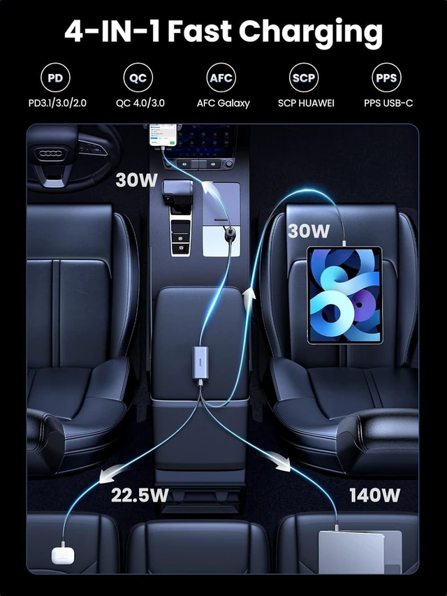 Alt view image 3 of 7 - UGREEN 150W USB C Car Charger, PD 3.1 140W Car Charger Adapter Fast Charging 4-Port Cigarette Lighter USB Multi Port Charger Compatible with iPhone 16/15, Galaxy S24/S23, iPad, Tablet, Laptop