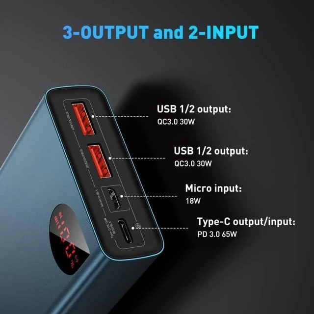 Alt view image 4 of 7 - Baseus Power Bank, 65W 20000mAh Laptop Portable Charger, Fast Charging USB C 4-Port PD3.0 Battery Pack for MacBook Dell XPS IPad iPhone 14/13/12 Pro Mini Samsung Switch