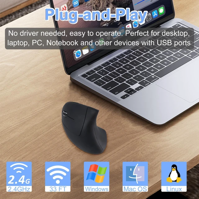 Alt view image 2 of 5 - Wireless Mouse Ergonomic Left Handed Vertical Mouse with USB Receiver LED Light 6 Buttons 2.4GHz Optical Portable Rechargeable Computer Mice for Laptop PC Desktop Notebook Kids Adults Gifts (Black)