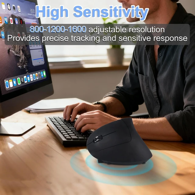 Alt view image 4 of 5 - Wireless Mouse Ergonomic Left Handed Vertical Mouse with USB Receiver LED Light 6 Buttons 2.4GHz Optical Portable Rechargeable Computer Mice for Laptop PC Desktop Notebook Kids Adults Gifts (Black)