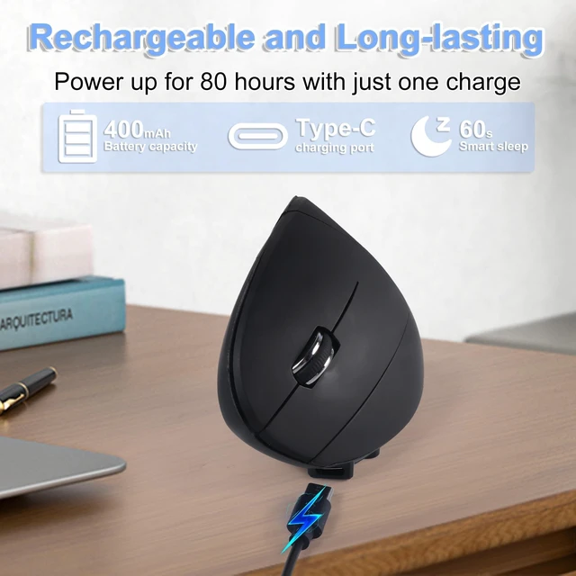 Alt view image 5 of 5 - Wireless Mouse Ergonomic Left Handed Vertical Mouse with USB Receiver LED Light 6 Buttons 2.4GHz Optical Portable Rechargeable Computer Mice for Laptop PC Desktop Notebook Kids Adults Gifts (Black)