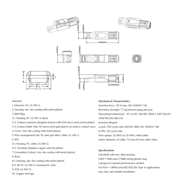 Alt view image 7 of 7 - 12-Pack RJ45 Connectors Tool Free Cat 8, Cat8 Field Termination Plug Shielded RJ45 Modular Plugs for 2000MHz 2GHz 40G Double Shielded Solid LAN Cable 22AWG-24AWG