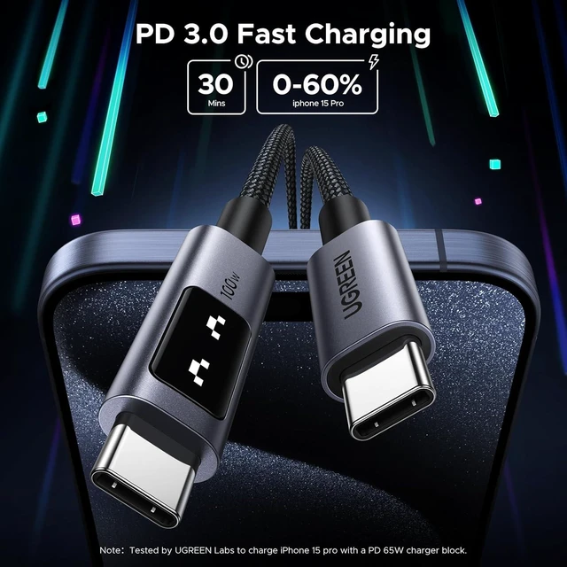 Alt view image 3 of 7 - USB-C to USB-C Cable 100W PD Fast Charging Cord LED Display 480Mbps Data Transfer Nylon Braided for iPhone 16/16 Plus/16 Pro/16 Pro Max/15 MacBook Pro/Air iPad Pro/Air Galaxy S24 Ultra 3.3FT Black