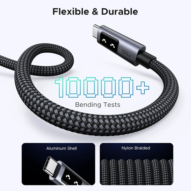 Alt view image 7 of 7 - USB-C to USB-C Cable 100W PD Fast Charging Cord LED Display 480Mbps Data Transfer Nylon Braided for iPhone 16/16 Plus/16 Pro/16 Pro Max/15 MacBook Pro/Air iPad Pro/Air Galaxy S24 Ultra 3.3FT Black