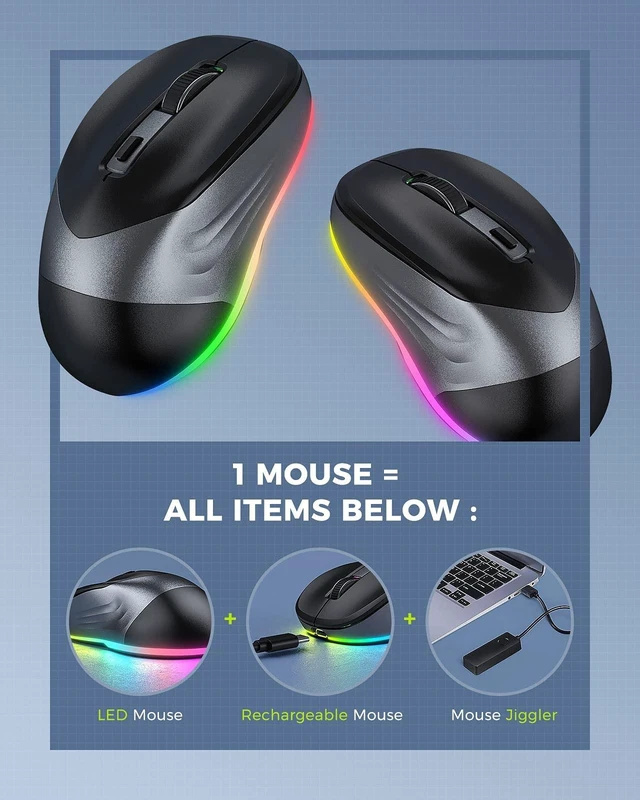Alt view image 2 of 5 - PEIOUS Wireless Mouse, Jiggler Mouse for Laptop - LED Mouse Rechargeable Computer Mice Mouse Mover Undetectable Random Movement with On/Off Button Keeps Computer Awake - Black&Grey