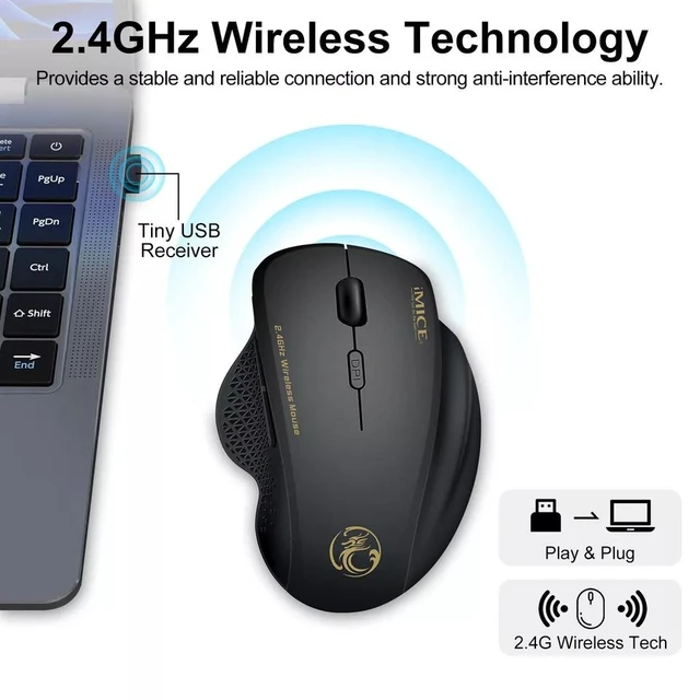 Alt view image 3 of 6 - 2.4GHz Wireless Optical Mice PC Gaming Mouse 6 Buttons & USB Receiver for Laptop