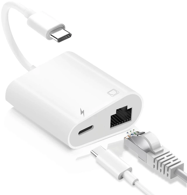 Alt view image 8 of 14 - USB C to Ethernet Adapter, 2-in-1 USB C to RJ45 Ethernet Adapter with 60W Type C PD Charging Port Supports 100Mbps, LAN Network Compatible with iPhone 17/16/15, MacBook, Android