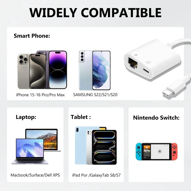 Alt view image 9 of 14 - USB C to Ethernet Adapter, 2-in-1 USB C to RJ45 Ethernet Adapter with 60W Type C PD Charging Port Supports 100Mbps, LAN Network Compatible with iPhone 17/16/15, MacBook, Android