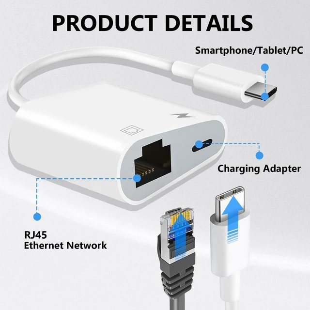 Alt view image 11 of 14 - USB C to Ethernet Adapter, 2-in-1 USB C to RJ45 Ethernet Adapter with 60W Type C PD Charging Port Supports 100Mbps, LAN Network Compatible with iPhone 17/16/15, MacBook, Android