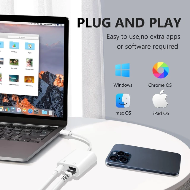 Alt view image 10 of 14 - USB C to Ethernet Adapter, 2-in-1 USB C to RJ45 Ethernet Adapter with 60W Type C PD Charging Port Supports 100Mbps, LAN Network Compatible with iPhone 17/16/15, MacBook, Android