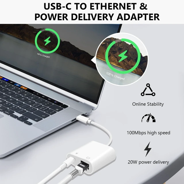 Alt view image 12 of 14 - USB C to Ethernet Adapter, 2-in-1 USB C to RJ45 Ethernet Adapter with 60W Type C PD Charging Port Supports 100Mbps, LAN Network Compatible with iPhone 17/16/15, MacBook, Android