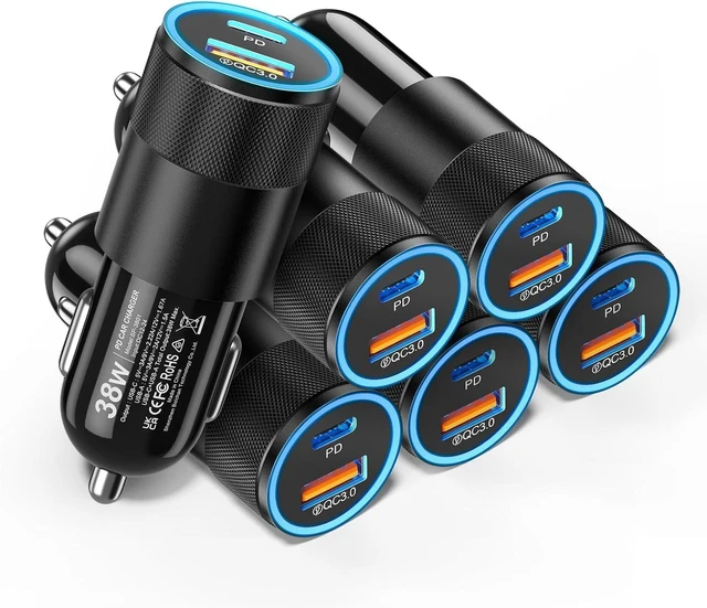 Main image of 6 Pack USB C Car Charger 38W Dual USB-C + USB-A Car Charger Adapter Fast Charge PD/QC 3.0 Cigarette Lighter Adapter USB Charger Plug for iPhone 16/15/14/13/12/11/Pro Max iPad Pixel