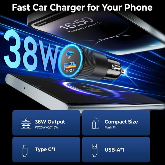 Alt view image 2 of 7 - 6 Pack USB C Car Charger 38W Dual USB-C + USB-A Car Charger Adapter Fast Charge PD/QC 3.0 Cigarette Lighter Adapter USB Charger Plug for iPhone 16/15/14/13/12/11/Pro Max iPad Pixel