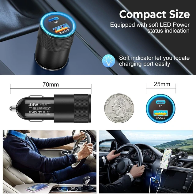 Alt view image 5 of 7 - 6 Pack USB C Car Charger 38W Dual USB-C + USB-A Car Charger Adapter Fast Charge PD/QC 3.0 Cigarette Lighter Adapter USB Charger Plug for iPhone 16/15/14/13/12/11/Pro Max iPad Pixel