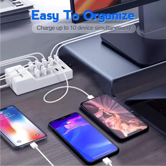 Alt view image 12 of 14 - 10-Port USB Wall Charger Station with Rapid Charging Auto Detect Technology Safety Guaranteed Family-Sized USB Ports for Multiple Devices Smart Phone Tablet Laptop Computer