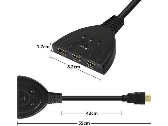 Alt view image 3 of 6 - 3 in 1 Out Manual HDMI Switch with HDMI Cable, 3 Port 1080P HDMI Switcher Splitter, Plug and Play