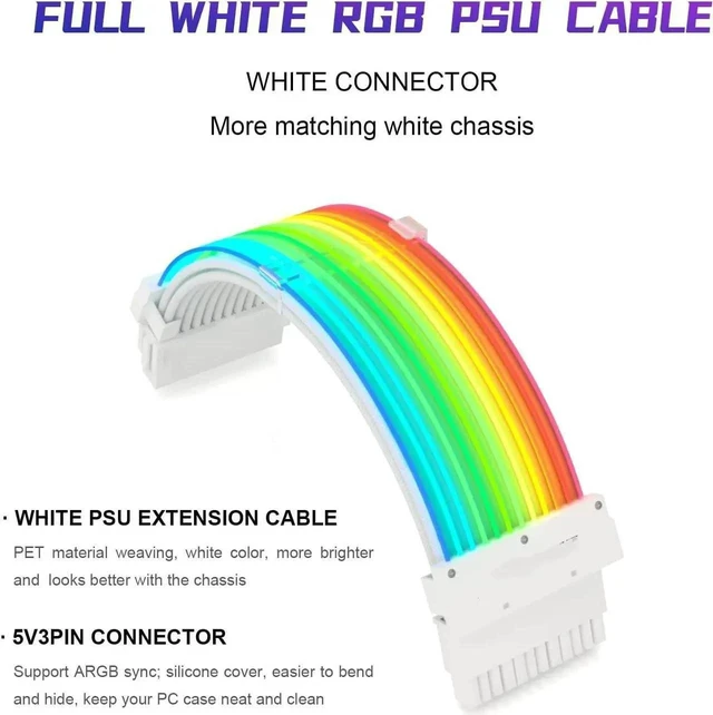 Alt view image 10 of 14 - RGB PSU Cables,ARGB Motherboard Power Supply Cable,24 Pin Sleeved Cable Extension Kit,Strimer Extension Cable Kit 5V 3Pin Synchronized,Customed White PC Chassis(White Connector A Style)