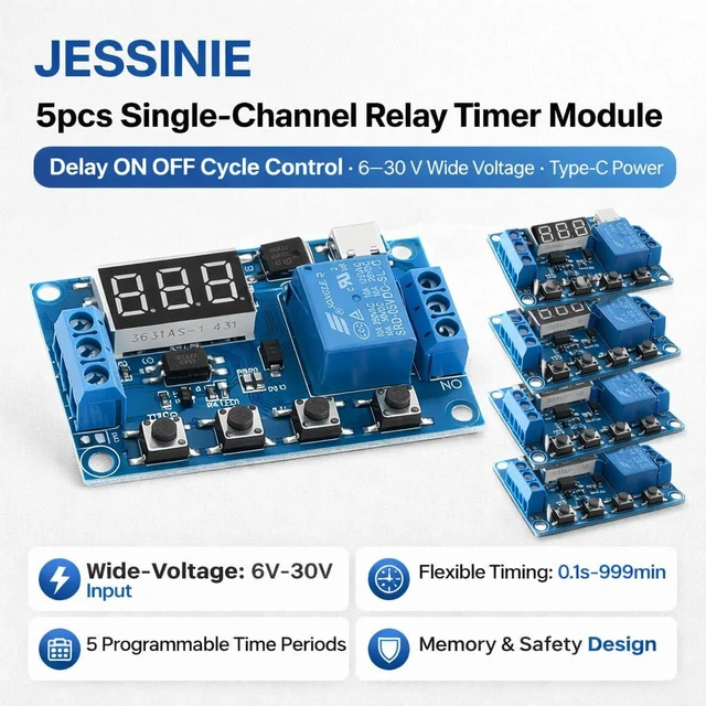 Alt view image 2 of 6 - 5pcs SingleChannel Relay Timer Module, Delay ON Off Cycle Control, 630 V Wide Voltage, TypeC Power