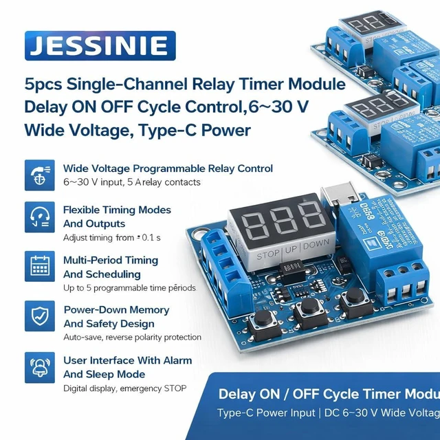 Alt view image 3 of 6 - 5pcs SingleChannel Relay Timer Module, Delay ON Off Cycle Control, 630 V Wide Voltage, TypeC Power