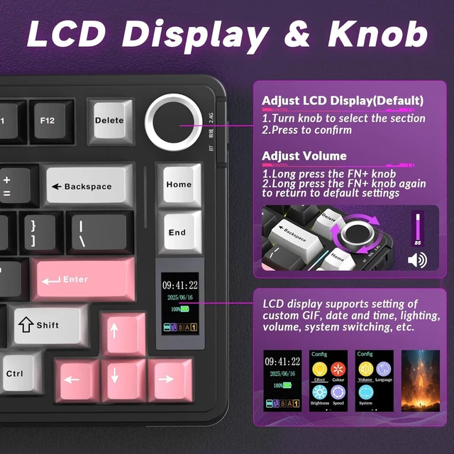 Alt view image 3 of 7 - AULA S75 PRO Wireless Mechanical Keyboard with Screen&Knob, 75% Hot Swappable Gaming Keyboard with Pre-lubed Switches, RGB Backlit, PBT Keycaps Creamy Sounding Pc Gaming Keyboards