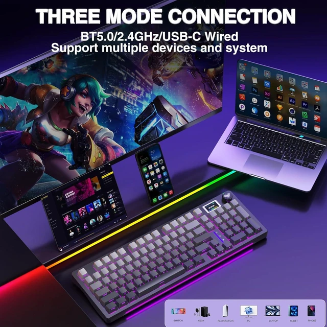 Alt view image 4 of 7 - AULA S98 Pro Wireless Mechanical Keyboard with Screen & Knob,2.4GHz/USB-C/BT5.0 Hot Swappable Creamy Keyboard,Pre-lubed Linear Switches,Side Printed PBT Keycaps,RGB Backlit Gaming Keyboards