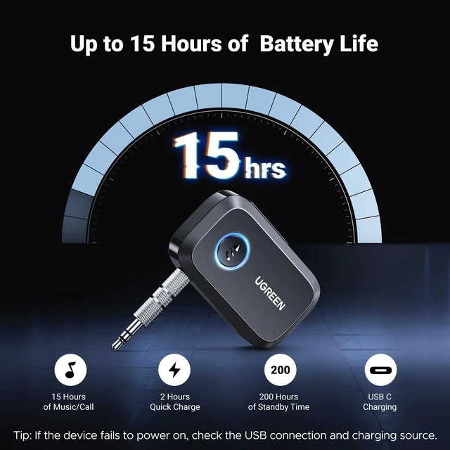 Alt view image 12 of 14 - Bluetooth 5.4 Car Adapter, Hands-Free Call & Noise Cancelling AUX to Bluetooth Adapter for Car, 3.5mm Audio Blue-Tooth Receiver for Cars Stereo Home Speaker - 15H Battery Life